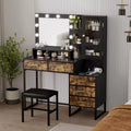 Large Makeup Vanity and Stool, Vanity Table with Mirror and Lights, Makeup Table with Charging Station, Drawers and LED Bulbs