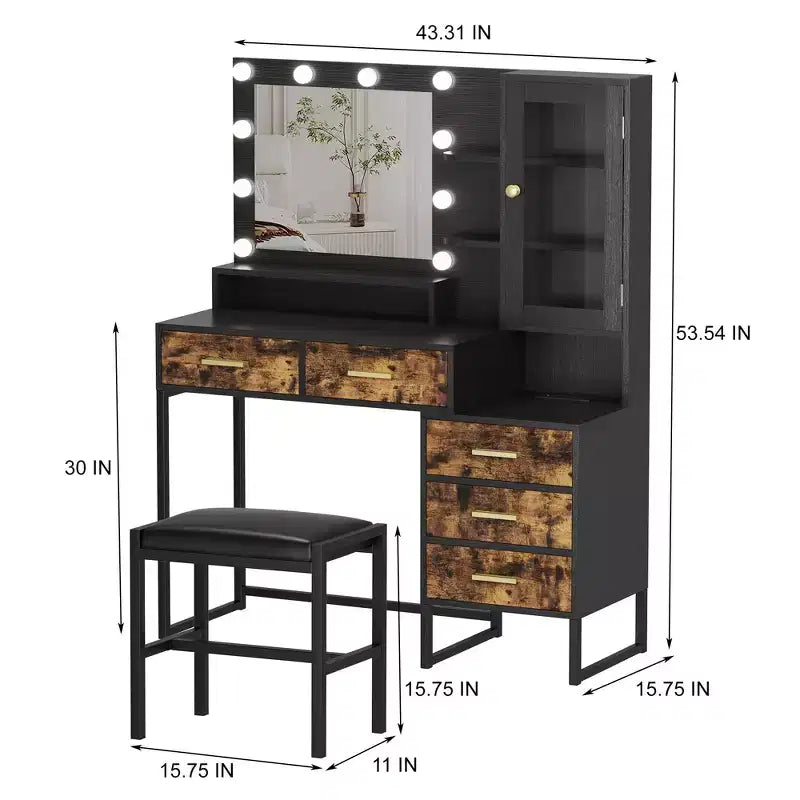 Large Makeup Vanity and Stool, Vanity Table with Mirror and Lights, Makeup Table with Charging Station, Drawers and LED Bulbs