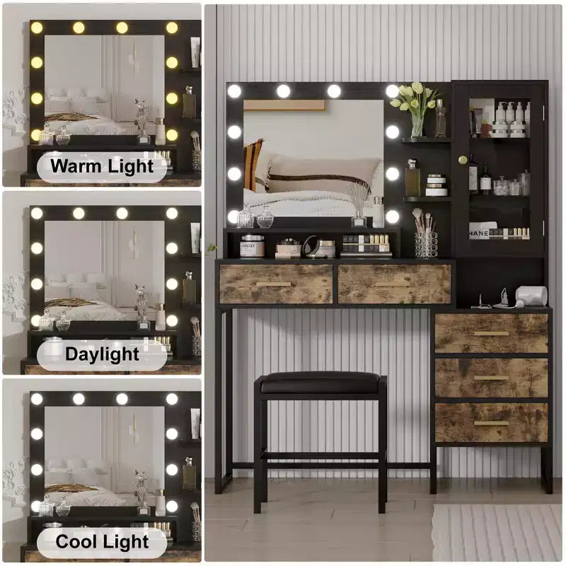 Large Makeup Vanity and Stool, Vanity Table with Mirror and Lights, Makeup Table with Charging Station, Drawers and LED Bulbs