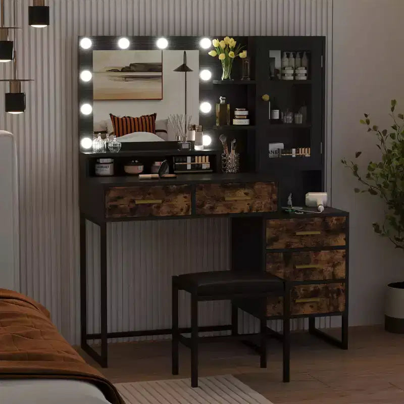 Large Makeup Vanity and Stool, Vanity Table with Mirror and Lights, Makeup Table with Charging Station, Drawers and LED Bulbs