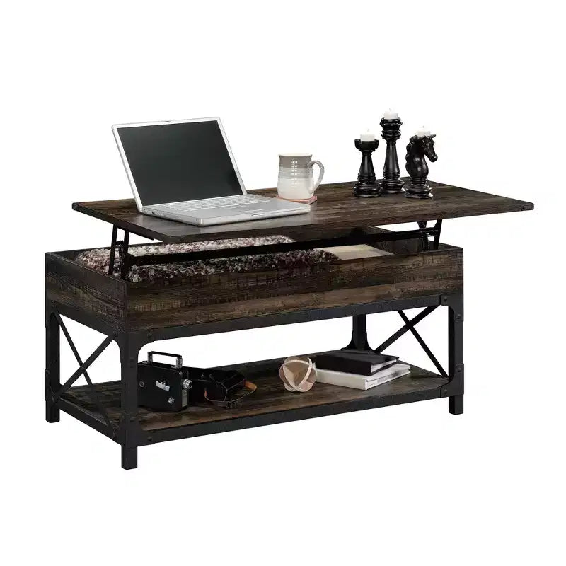 GDFStudio Hiland Industrial Metal and Wood Lift-Top Coffee Table with Hidden Storage