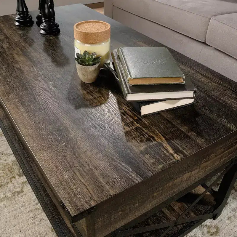 GDFStudio Hiland Industrial Metal and Wood Lift-Top Coffee Table with Hidden Storage