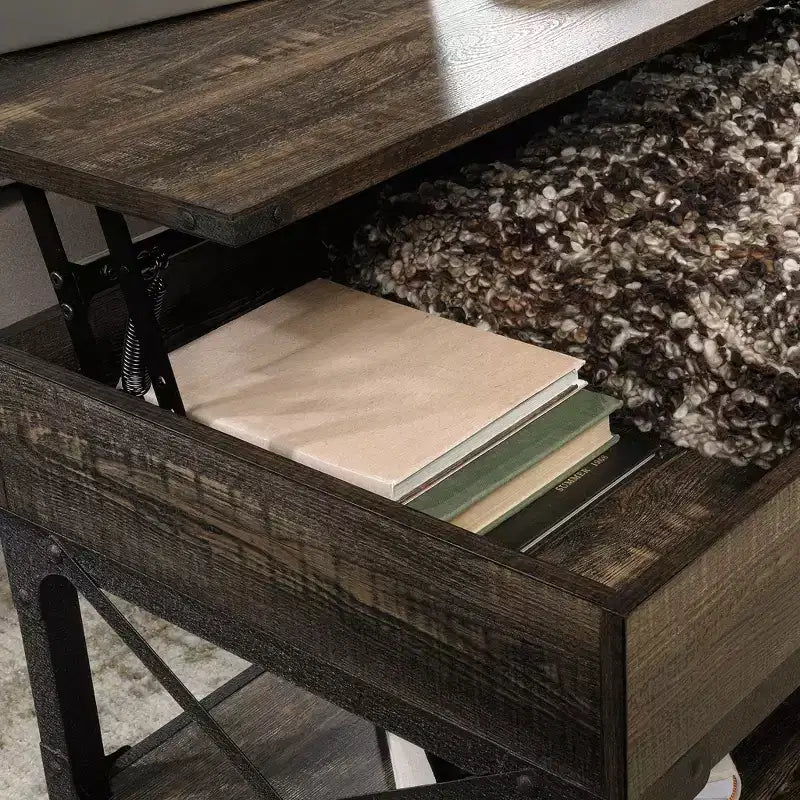 GDFStudio Hiland Industrial Metal and Wood Lift-Top Coffee Table with Hidden Storage