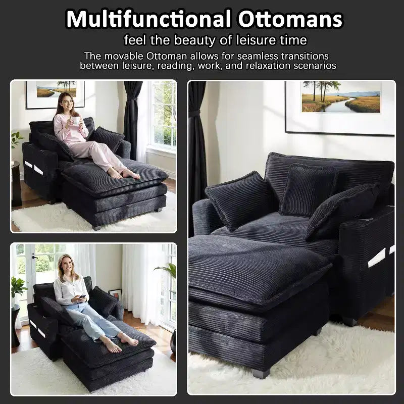 EHMKNP 40'' Wide Corduroy Oversized Chair with Ottoman - Comfy Upholstered Lounge Armchair, USB & Cup Holders for Multi-Spaces