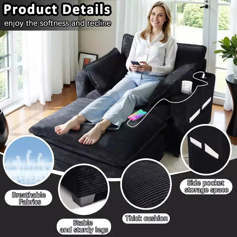 EHMKNP 40'' Wide Corduroy Oversized Chair with Ottoman - Comfy Upholstered Lounge Armchair, USB & Cup Holders for Multi-Spaces