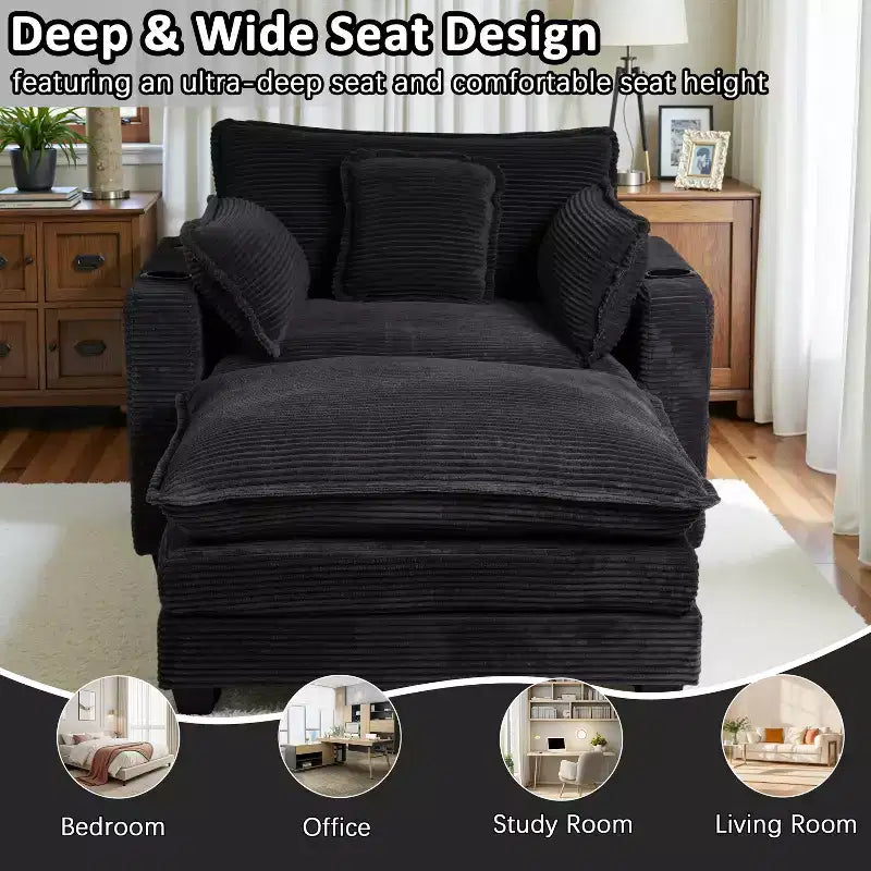 EHMKNP 40'' Wide Corduroy Oversized Chair with Ottoman - Comfy Upholstered Lounge Armchair, USB & Cup Holders for Multi-Spaces