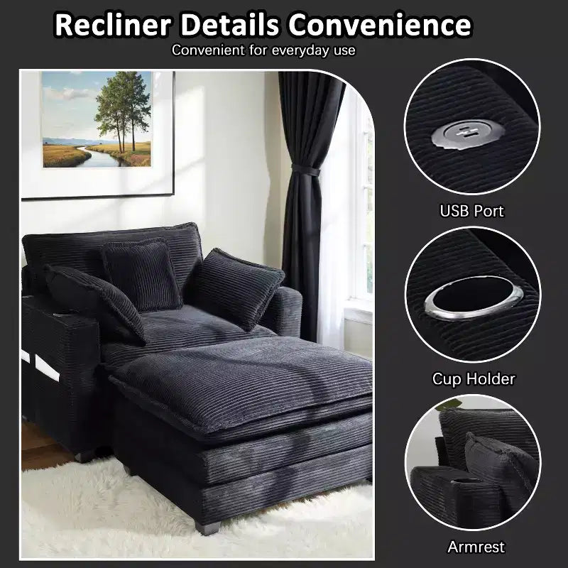 EHMKNP 40'' Wide Corduroy Oversized Chair with Ottoman - Comfy Upholstered Lounge Armchair, USB & Cup Holders for Multi-Spaces