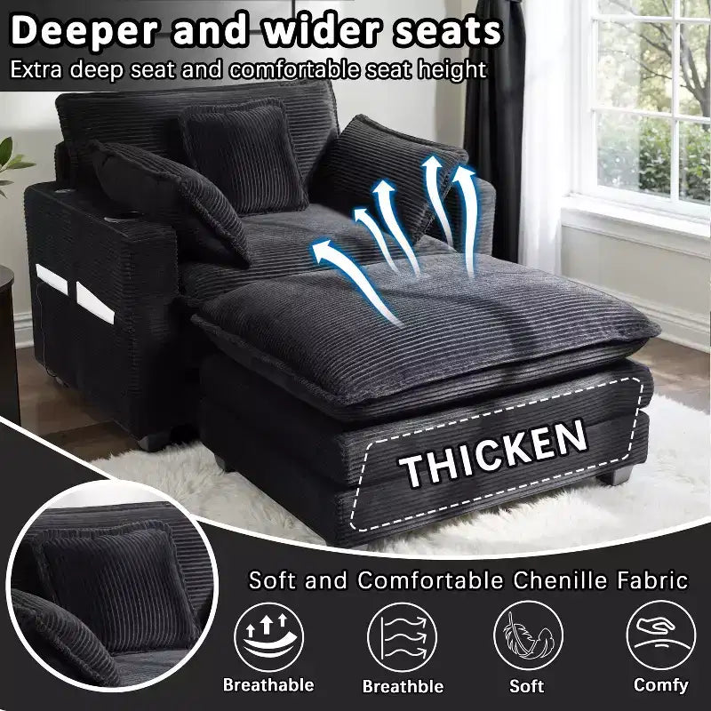 EHMKNP 40'' Wide Corduroy Oversized Chair with Ottoman - Comfy Upholstered Lounge Armchair, USB & Cup Holders for Multi-Spaces