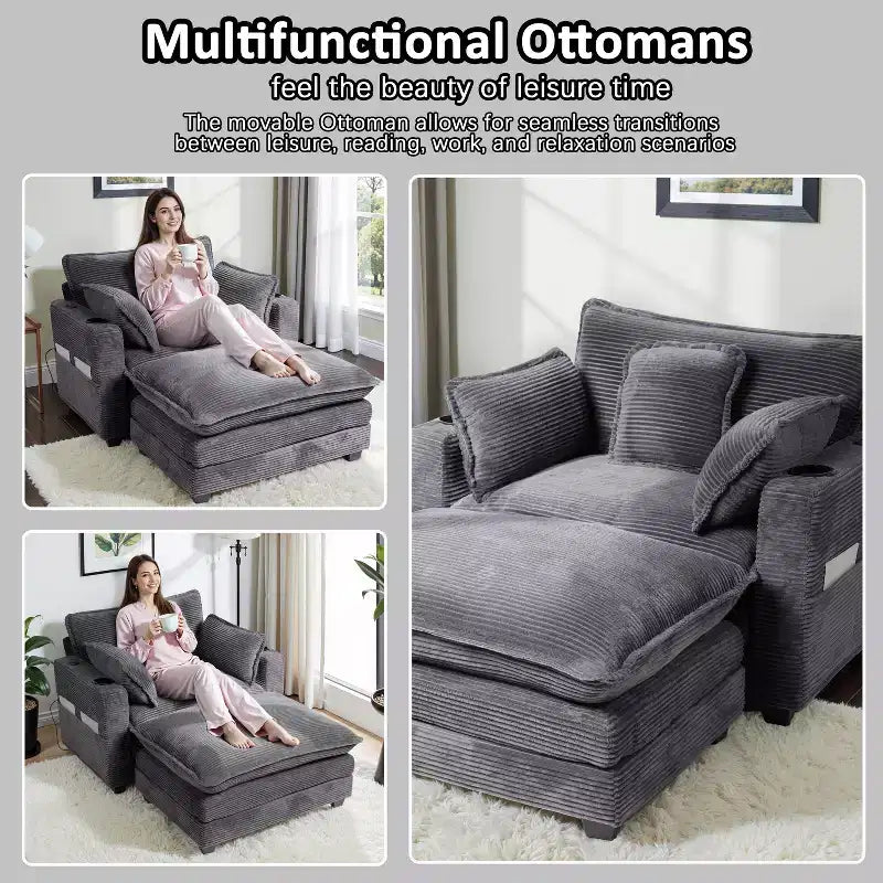 EHMKNP 40'' Wide Corduroy Oversized Chair with Ottoman - Comfy Upholstered Lounge Armchair, USB & Cup Holders for Multi-Spaces