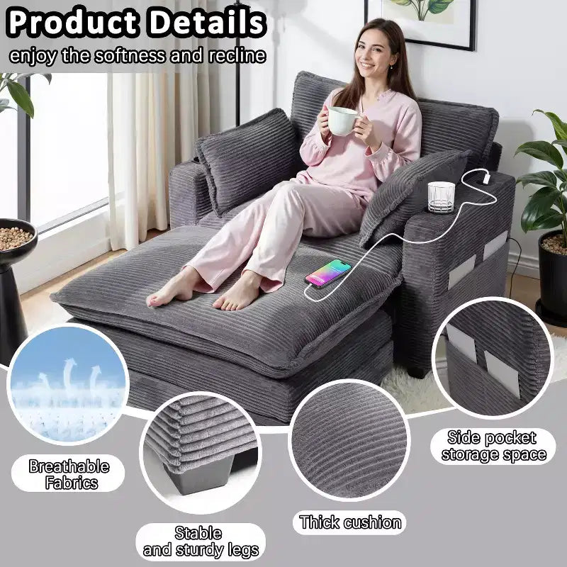 EHMKNP 40'' Wide Corduroy Oversized Chair with Ottoman - Comfy Upholstered Lounge Armchair, USB & Cup Holders for Multi-Spaces