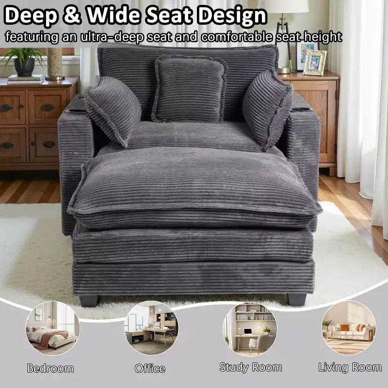 EHMKNP 40'' Wide Corduroy Oversized Chair with Ottoman - Comfy Upholstered Lounge Armchair, USB & Cup Holders for Multi-Spaces