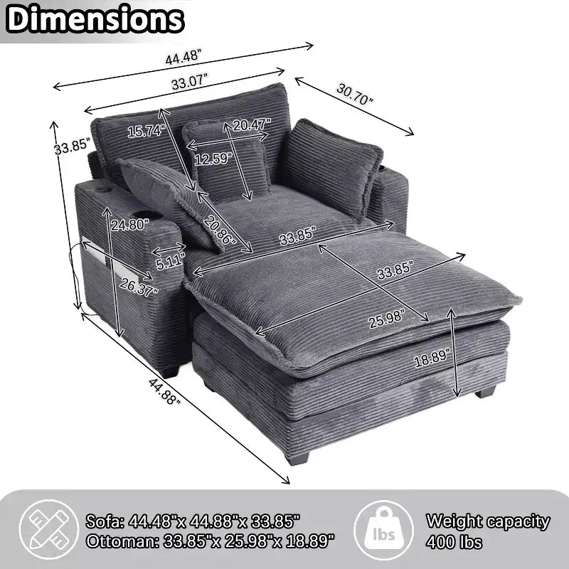 EHMKNP 40'' Wide Corduroy Oversized Chair with Ottoman - Comfy Upholstered Lounge Armchair, USB & Cup Holders for Multi-Spaces