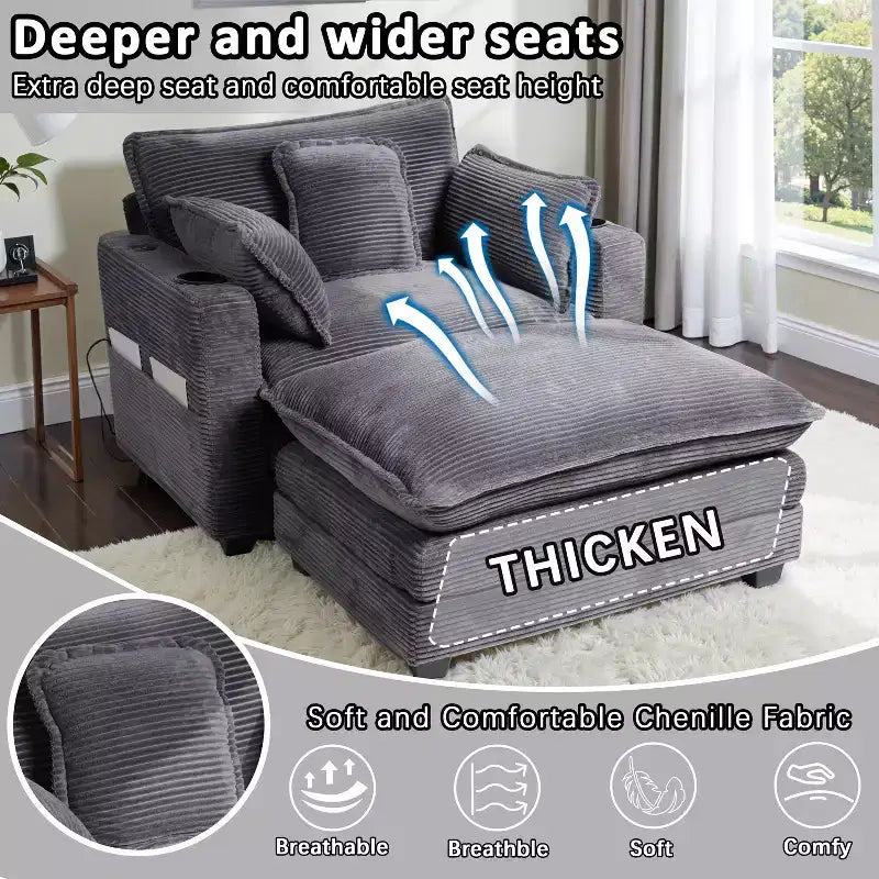 EHMKNP 40'' Wide Corduroy Oversized Chair with Ottoman - Comfy Upholstered Lounge Armchair, USB & Cup Holders for Multi-Spaces