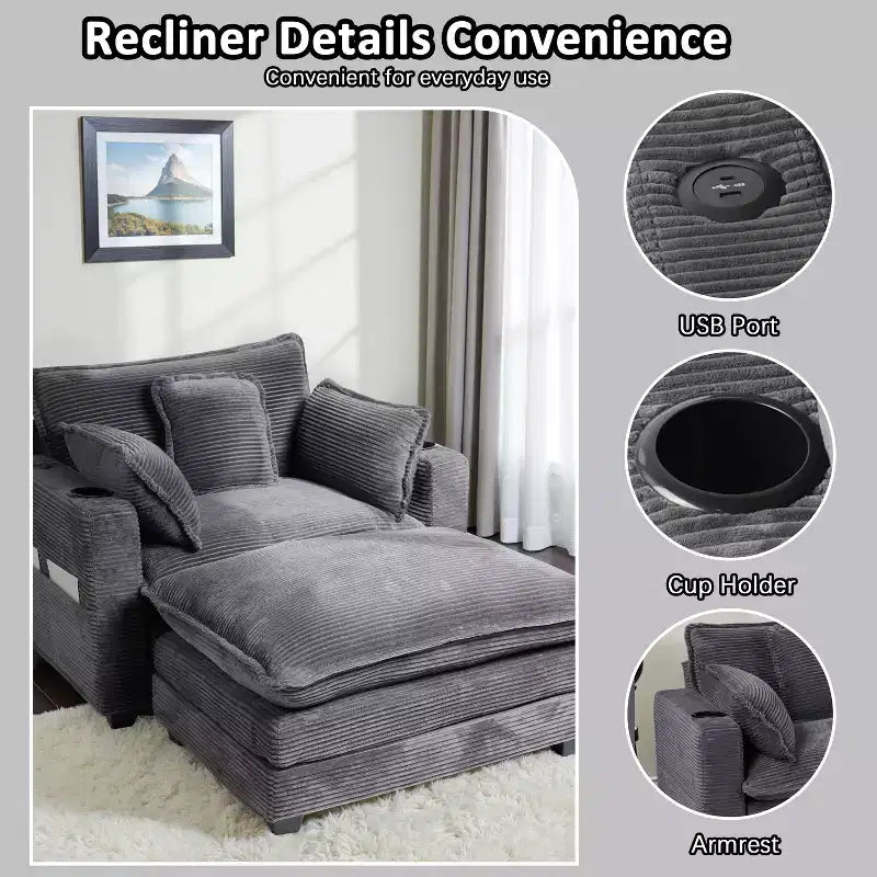 EHMKNP 40'' Wide Corduroy Oversized Chair with Ottoman - Comfy Upholstered Lounge Armchair, USB & Cup Holders for Multi-Spaces