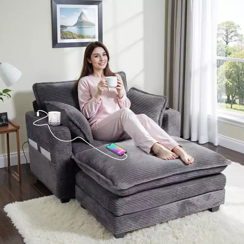 EHMKNP 40'' Wide Corduroy Oversized Chair with Ottoman - Comfy Upholstered Lounge Armchair, USB & Cup Holders for Multi-Spaces