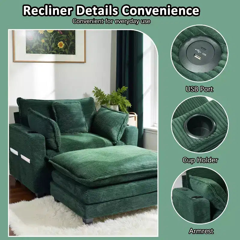EHMKNP 40'' Wide Corduroy Oversized Chair with Ottoman - Comfy Upholstered Lounge Armchair, USB & Cup Holders for Multi-Spaces