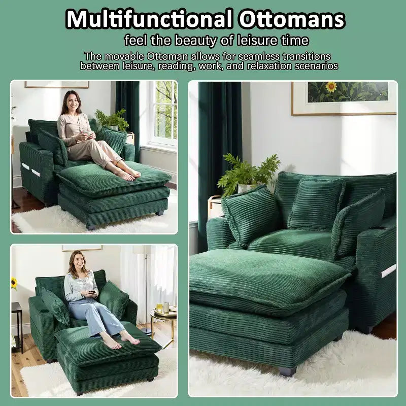 EHMKNP 40'' Wide Corduroy Oversized Chair with Ottoman - Comfy Upholstered Lounge Armchair, USB & Cup Holders for Multi-Spaces