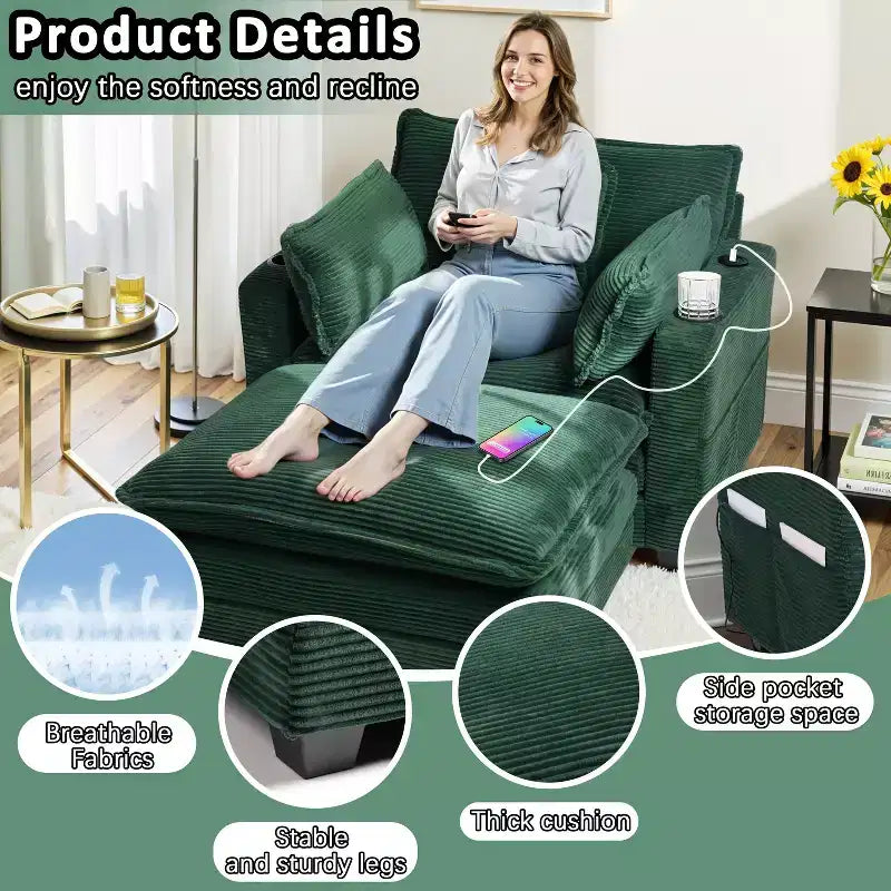 EHMKNP 40'' Wide Corduroy Oversized Chair with Ottoman - Comfy Upholstered Lounge Armchair, USB & Cup Holders for Multi-Spaces