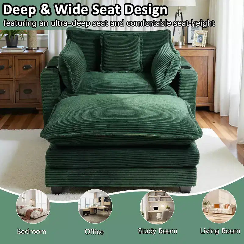 EHMKNP 40'' Wide Corduroy Oversized Chair with Ottoman - Comfy Upholstered Lounge Armchair, USB & Cup Holders for Multi-Spaces