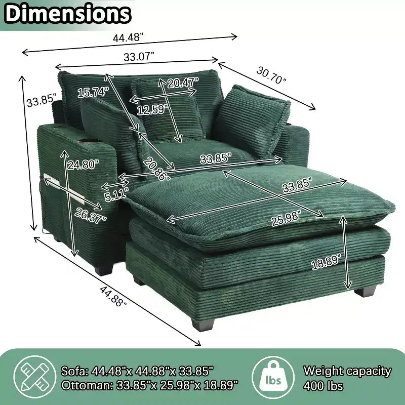 EHMKNP 40'' Wide Corduroy Oversized Chair with Ottoman - Comfy Upholstered Lounge Armchair, USB & Cup Holders for Multi-Spaces