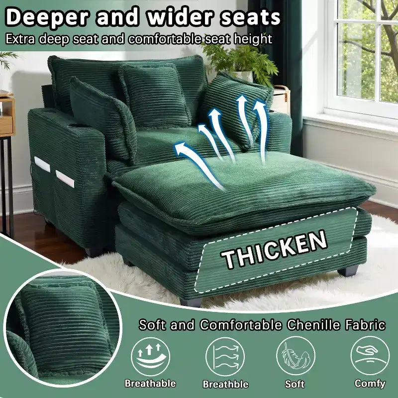 EHMKNP 40'' Wide Corduroy Oversized Chair with Ottoman - Comfy Upholstered Lounge Armchair, USB & Cup Holders for Multi-Spaces