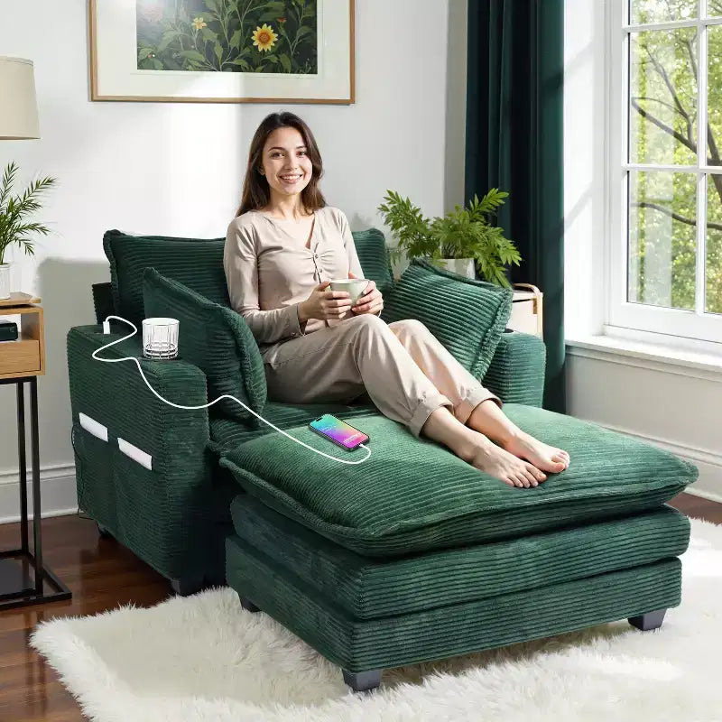 EHMKNP 40'' Wide Corduroy Oversized Chair with Ottoman - Comfy Upholstered Lounge Armchair, USB & Cup Holders for Multi-Spaces