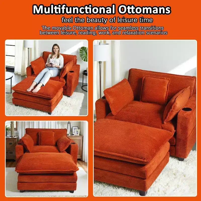 EHMKNP 40'' Wide Corduroy Oversized Chair with Ottoman - Comfy Upholstered Lounge Armchair, USB & Cup Holders for Multi-Spaces