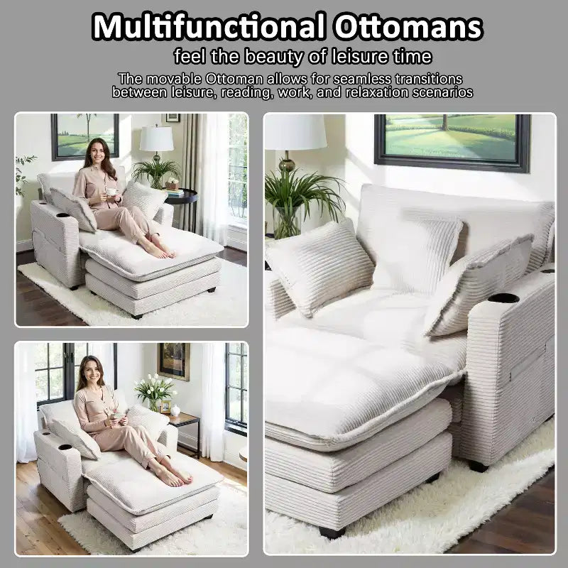 EHMKNP 40'' Wide Corduroy Oversized Chair with Ottoman - Comfy Upholstered Lounge Armchair, USB & Cup Holders for Multi-Spaces