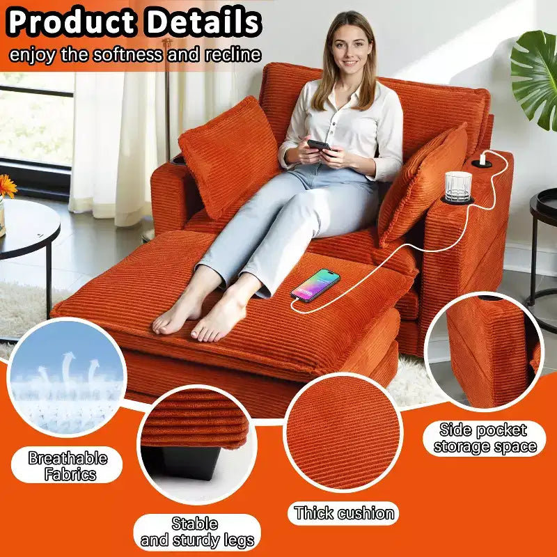 EHMKNP 40'' Wide Corduroy Oversized Chair with Ottoman - Comfy Upholstered Lounge Armchair, USB & Cup Holders for Multi-Spaces