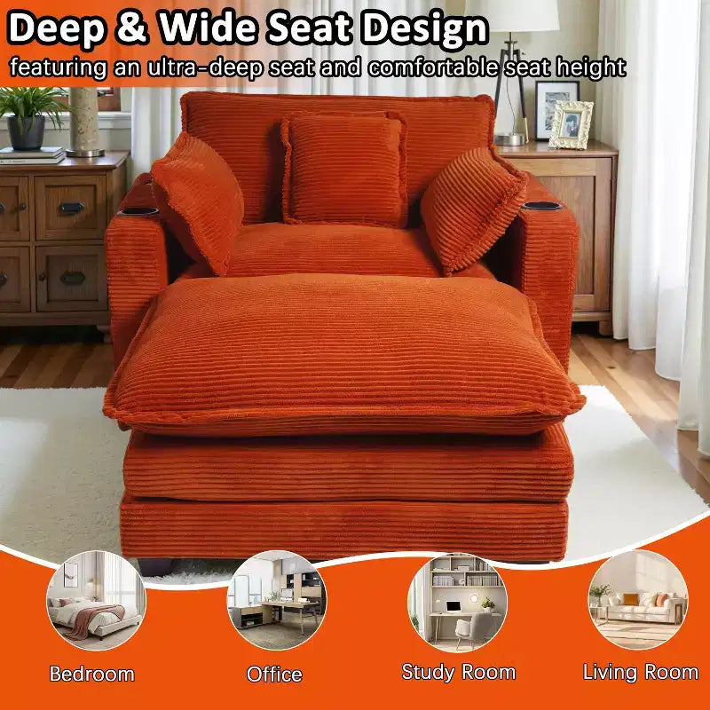 EHMKNP 40'' Wide Corduroy Oversized Chair with Ottoman - Comfy Upholstered Lounge Armchair, USB & Cup Holders for Multi-Spaces