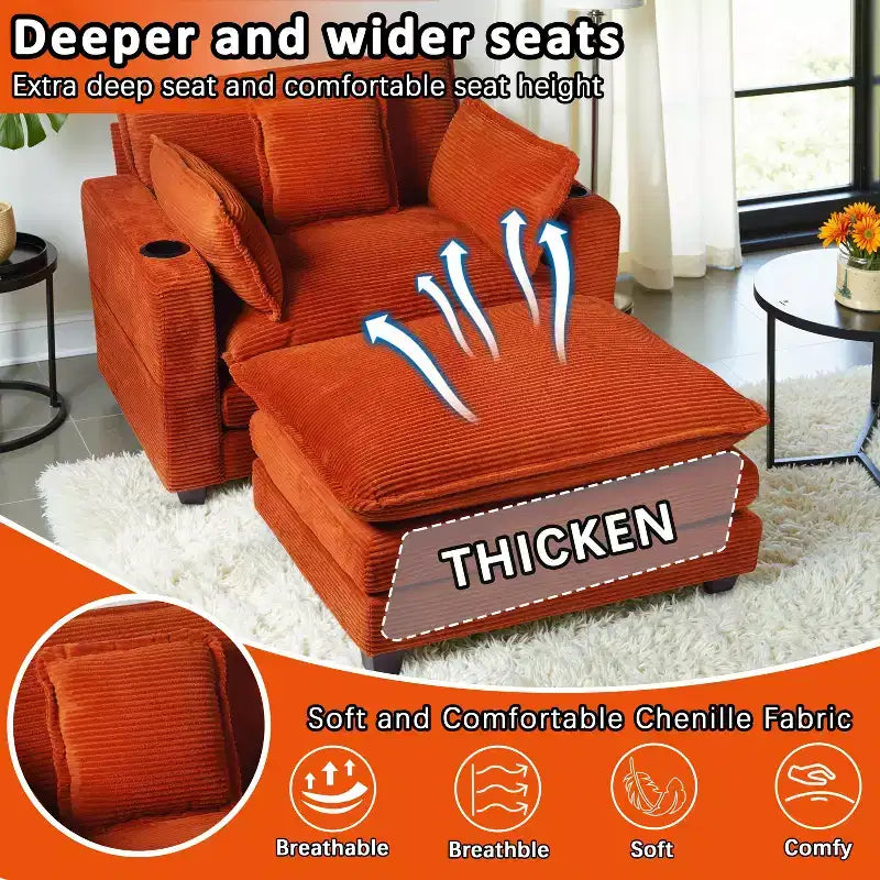 EHMKNP 40'' Wide Corduroy Oversized Chair with Ottoman - Comfy Upholstered Lounge Armchair, USB & Cup Holders for Multi-Spaces