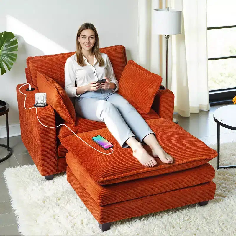 EHMKNP 40'' Wide Corduroy Oversized Chair with Ottoman - Comfy Upholstered Lounge Armchair, USB & Cup Holders for Multi-Spaces