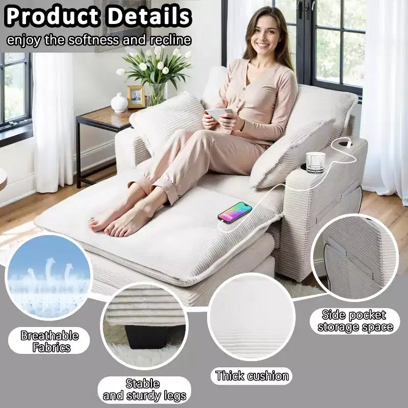 EHMKNP 40'' Wide Corduroy Oversized Chair with Ottoman - Comfy Upholstered Lounge Armchair, USB & Cup Holders for Multi-Spaces