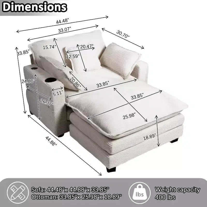 EHMKNP 40'' Wide Corduroy Oversized Chair with Ottoman - Comfy Upholstered Lounge Armchair, USB & Cup Holders for Multi-Spaces