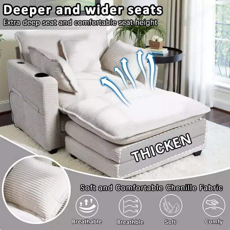 EHMKNP 40'' Wide Corduroy Oversized Chair with Ottoman - Comfy Upholstered Lounge Armchair, USB & Cup Holders for Multi-Spaces