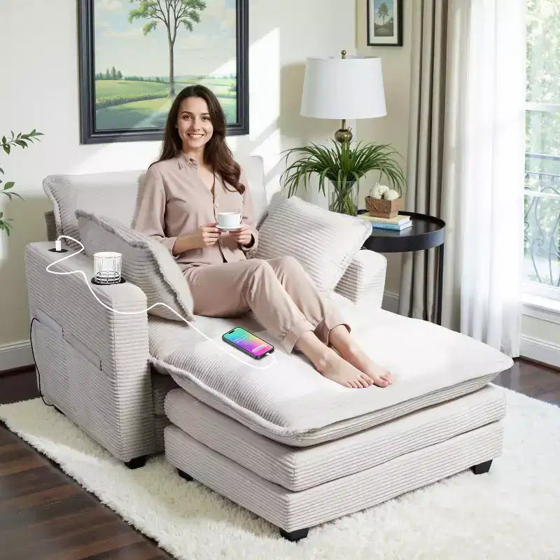 EHMKNP 40'' Wide Corduroy Oversized Chair with Ottoman - Comfy Upholstered Lounge Armchair, USB & Cup Holders for Multi-Spaces
