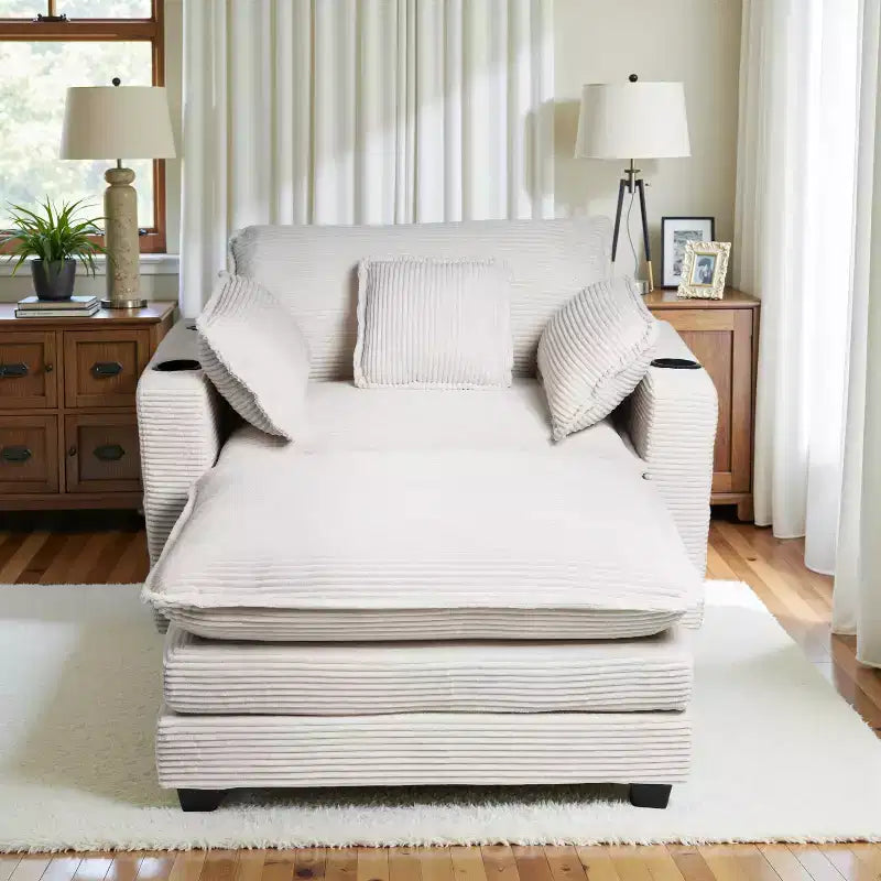 EHMKNP 40'' Wide Corduroy Oversized Chair with Ottoman - Comfy Upholstered Lounge Armchair, USB & Cup Holders for Multi-Spaces