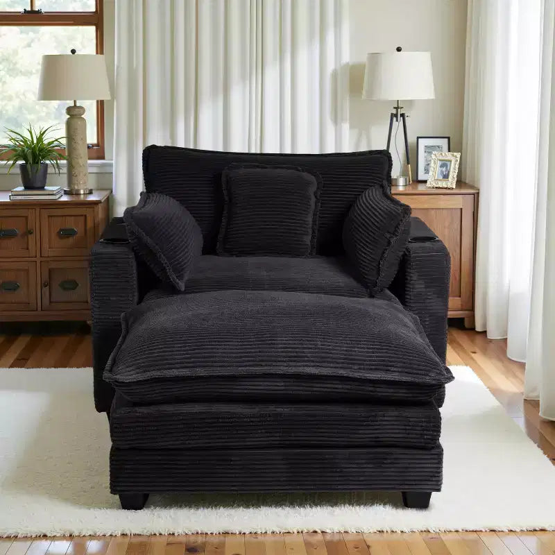 EHMKNP 40'' Wide Corduroy Oversized Chair with Ottoman - Comfy Upholstered Lounge Armchair, USB & Cup Holders for Multi-Spaces