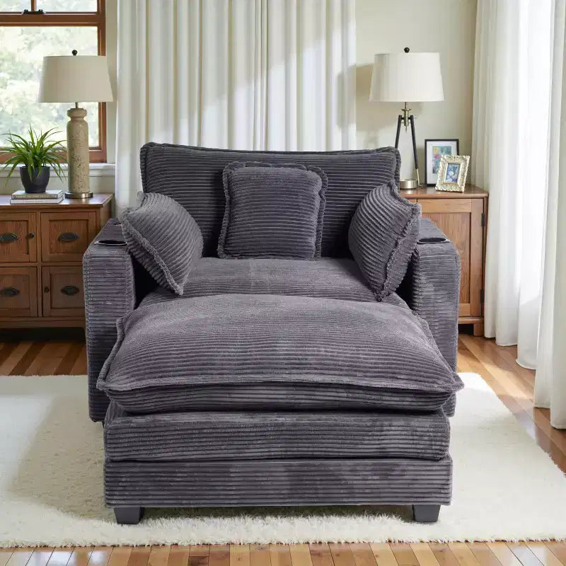 EHMKNP 40'' Wide Corduroy Oversized Chair with Ottoman - Comfy Upholstered Lounge Armchair, USB & Cup Holders for Multi-Spaces
