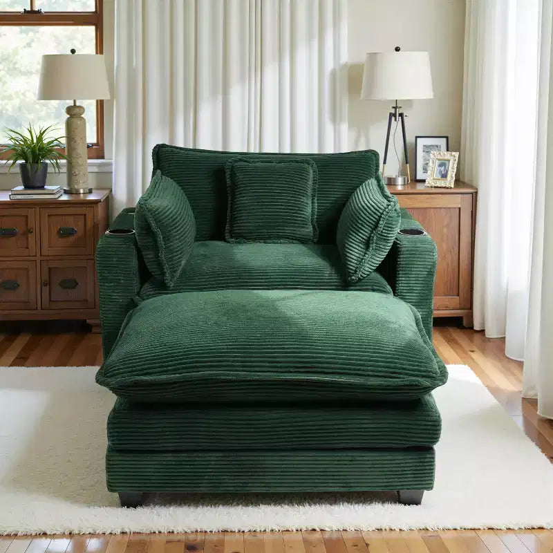 EHMKNP 40'' Wide Corduroy Oversized Chair with Ottoman - Comfy Upholstered Lounge Armchair, USB & Cup Holders for Multi-Spaces