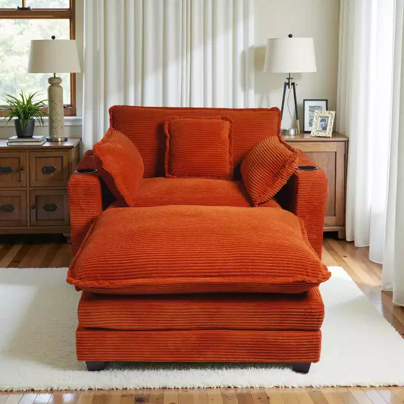 EHMKNP 40'' Wide Corduroy Oversized Chair with Ottoman - Comfy Upholstered Lounge Armchair, USB & Cup Holders for Multi-Spaces