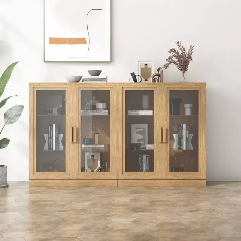 PexFix 36 Modern Wood Bookshelf Storage Cabinet with 2 Glass Door and Adjustable Shelf for Kitchen Bedroom Entryway Living Room Dinning Room Natural