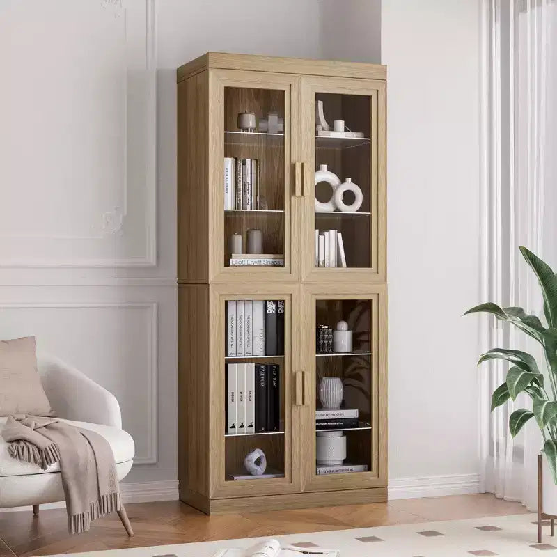 PexFix 36 Modern Wood Bookshelf Storage Cabinet with 2 Glass Door and Adjustable Shelf for Kitchen Bedroom Entryway Living Room Dinning Room Natural