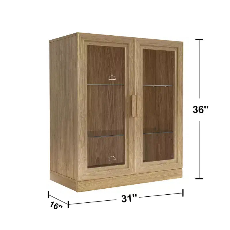 PexFix 36 Modern Wood Bookshelf Storage Cabinet with 2 Glass Door and Adjustable Shelf for Kitchen Bedroom Entryway Living Room Dinning Room Natural