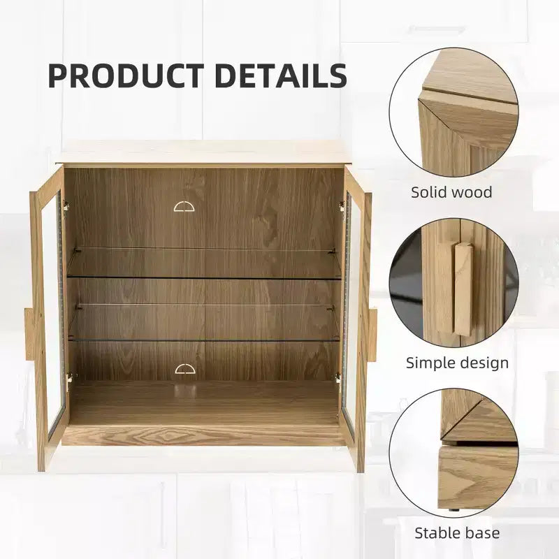 PexFix 36 Modern Wood Bookshelf Storage Cabinet with 2 Glass Door and Adjustable Shelf for Kitchen Bedroom Entryway Living Room Dinning Room Natural