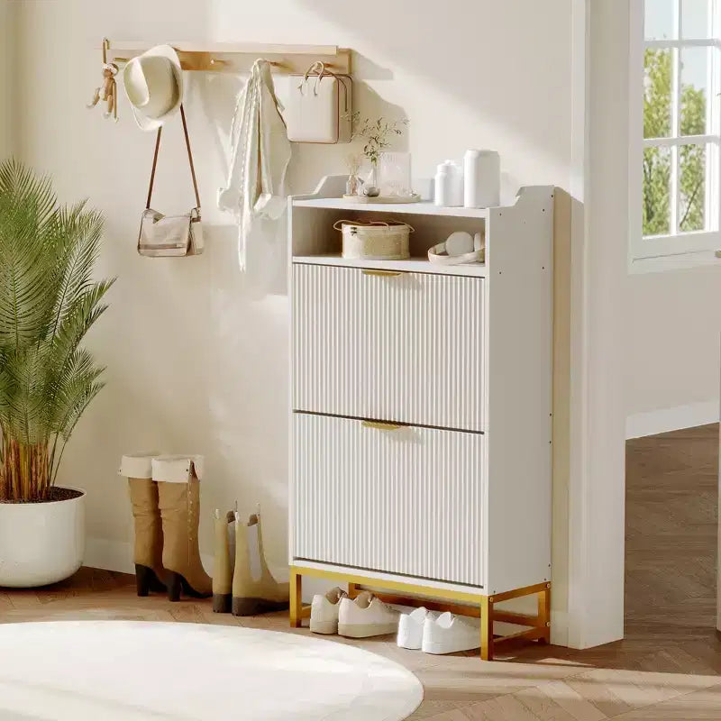2 Flip Drawers, Shoe Storage Cabinet Freestanding Fluted Shoe Shoe Rack Cabinet for Entryway,