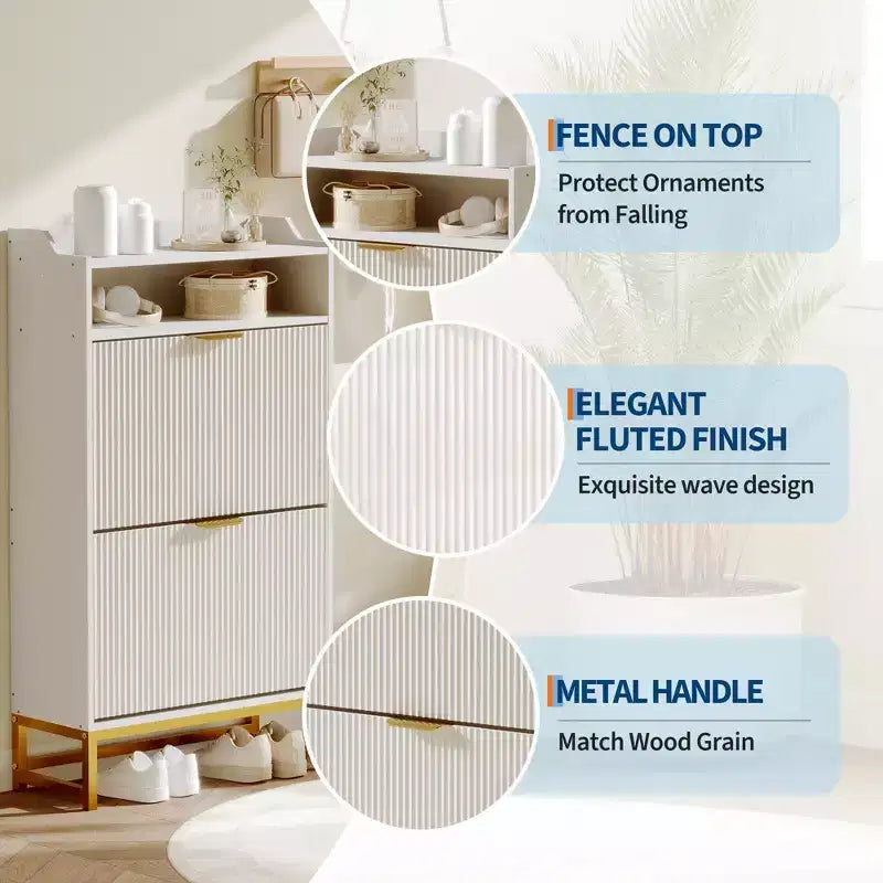 2 Flip Drawers, Shoe Storage Cabinet Freestanding Fluted Shoe Shoe Rack Cabinet for Entryway,
