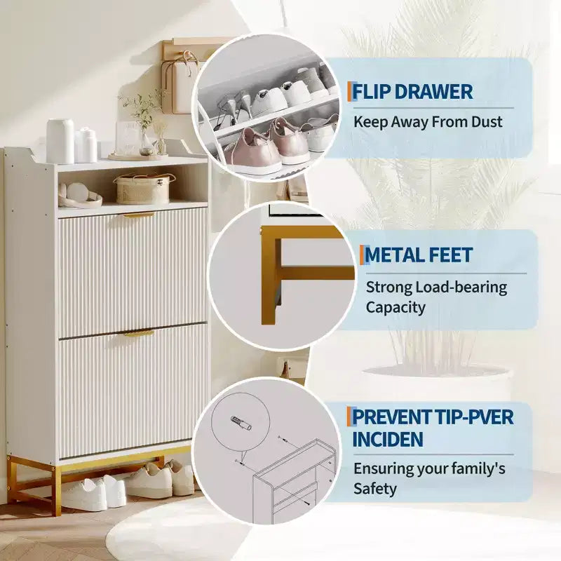 2 Flip Drawers, Shoe Storage Cabinet Freestanding Fluted Shoe Shoe Rack Cabinet for Entryway,