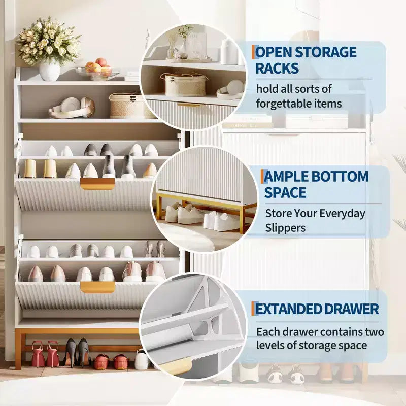 2 Flip Drawers, Shoe Storage Cabinet Freestanding Fluted Shoe Shoe Rack Cabinet for Entryway,
