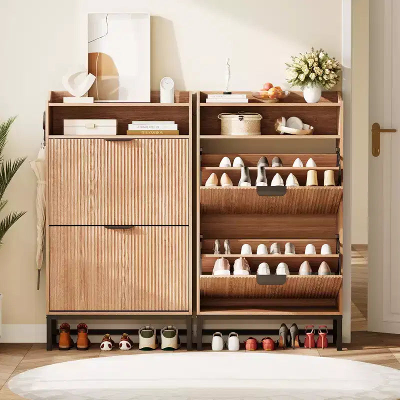 2 Flip Drawers, Shoe Storage Cabinet Freestanding Fluted Shoe Shoe Rack Cabinet for Entryway,
